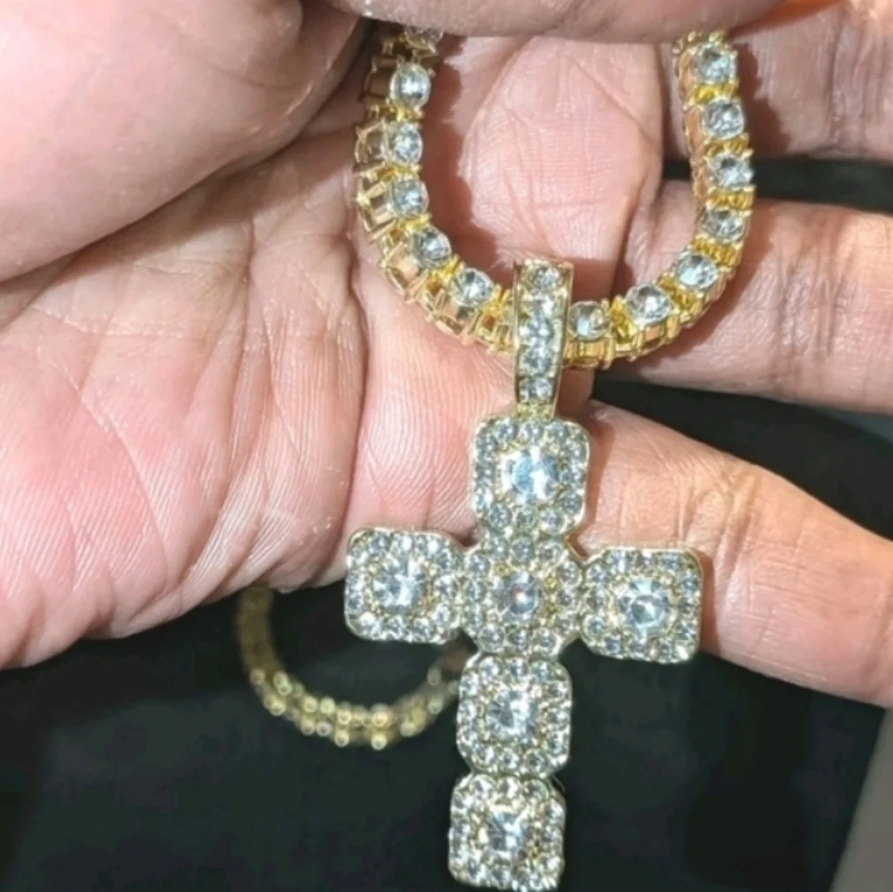 14k Yellow Gold Plated Lab Created Diamond Cross Pendant Tennis Necklace